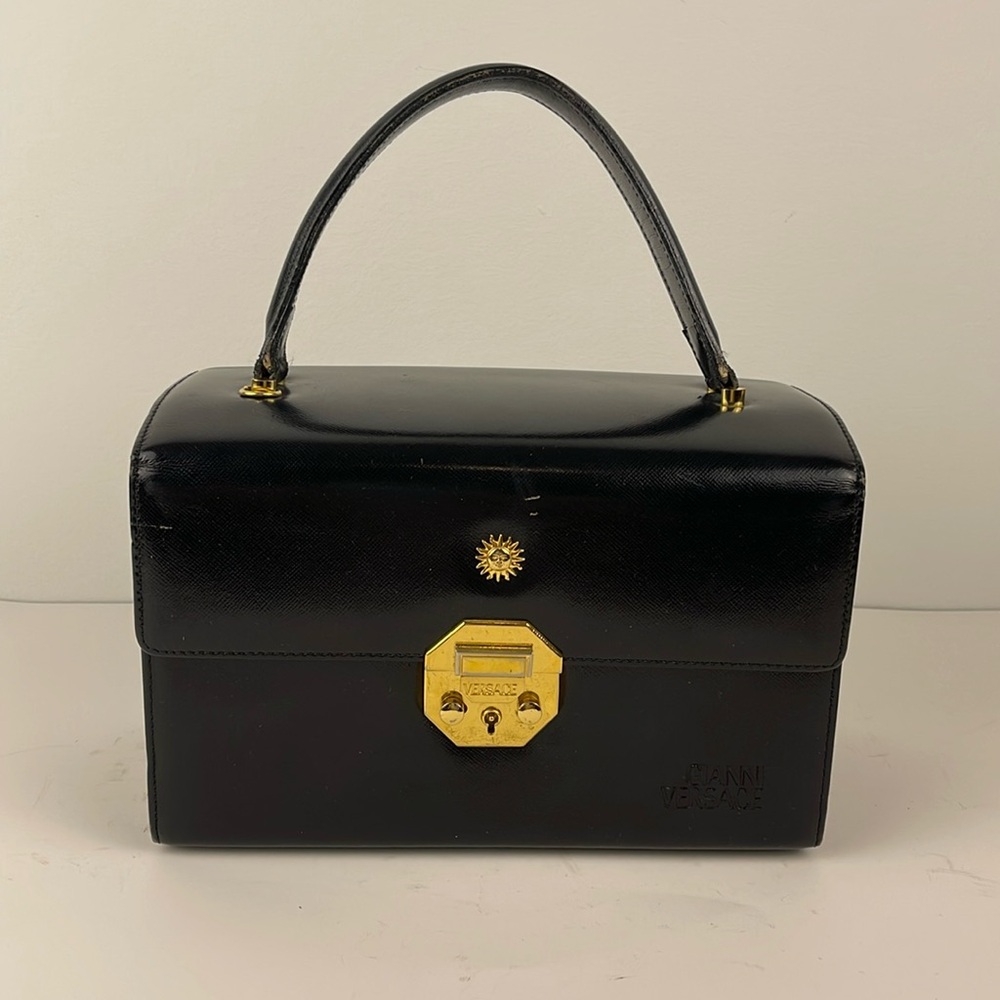 GIANNI VERSACE Vintage train case Hand Bag Black Leather
